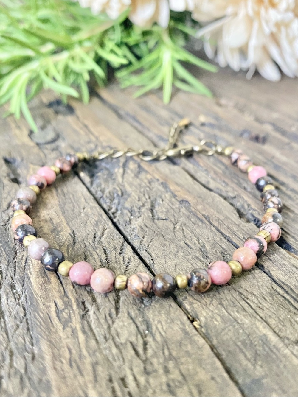 Dainty Pink Rhodonite Beaded Bracelet, Adjustable